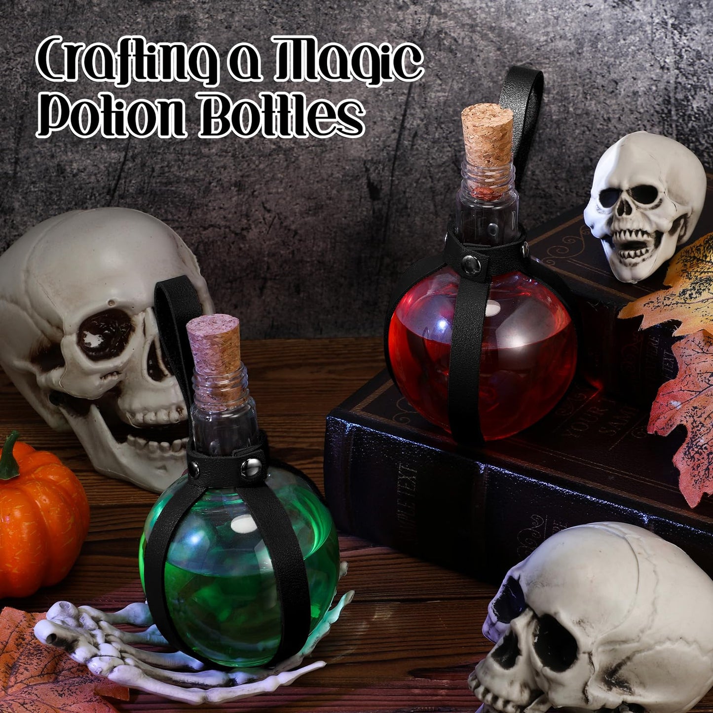Baderke 3 Set 8 oz Plastic Potion Bottle with Cork Stopper Cosplay Accessories with Leather Belt Witch Cosplay Props Decorative Round Spherical Bottles for Halloween Party Decorations (Black)
