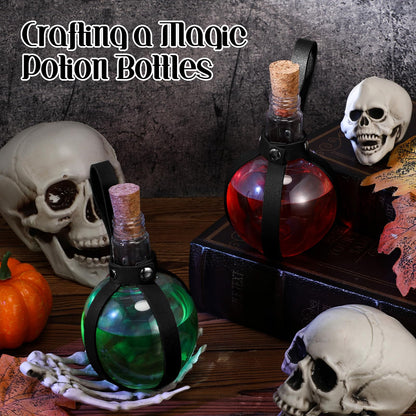 Baderke 3 Set 8 oz Plastic Potion Bottle with Cork Stopper Cosplay Accessories with Leather Belt Witch Cosplay Props Decorative Round Spherical Bottles for Halloween Party Decorations (Black)