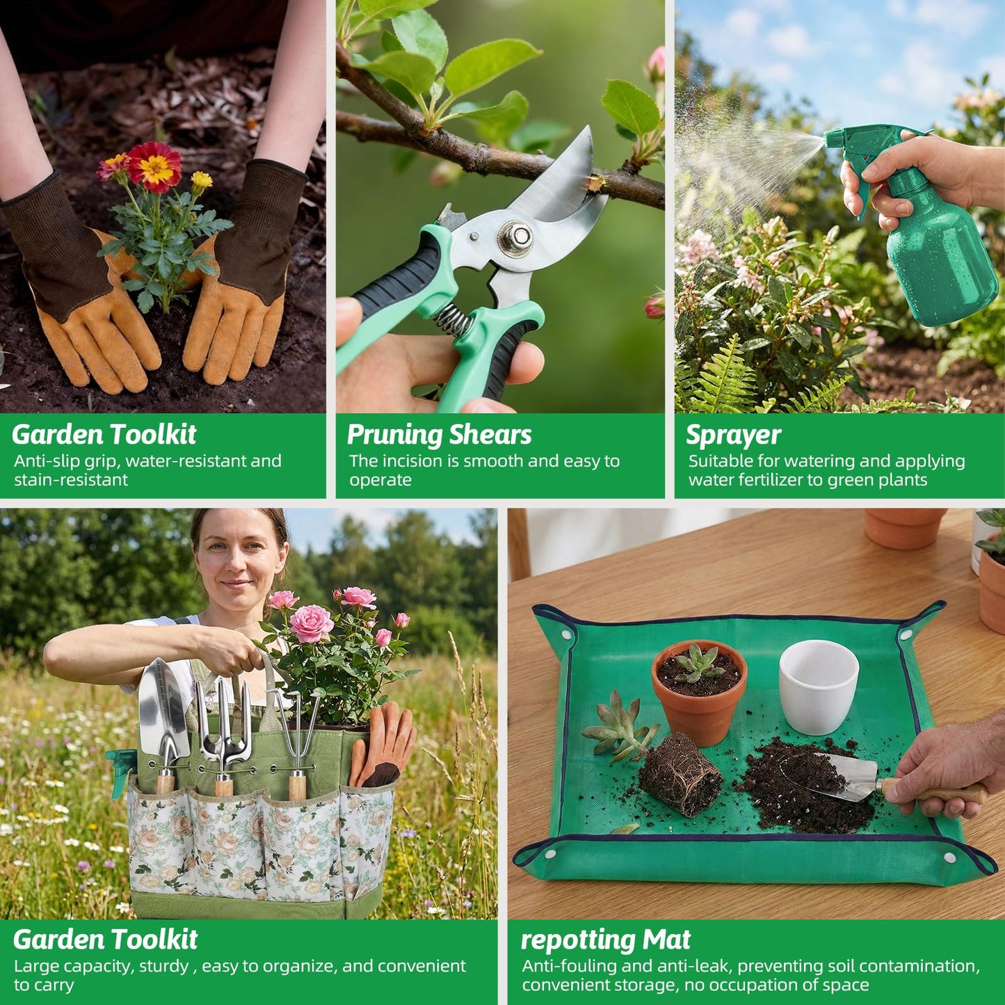 NOEAIKE Gardening Tools 10 Pack Heavy Duty Rust-Proof Garden Tool Set with Organizer Tote Bag,Sturdy Repotting Mat,Gardening Gifts for Women Mom(Green)