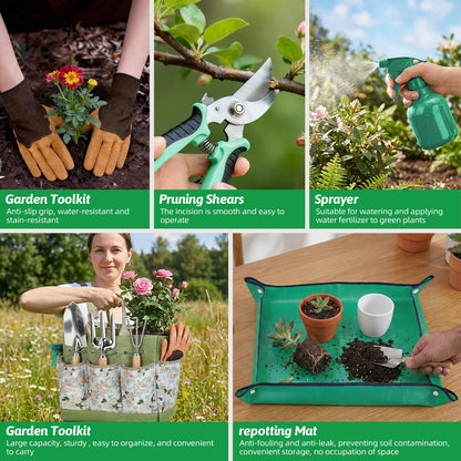 NOEAIKE Gardening Tools 10 Pack Heavy Duty Rust-Proof Garden Tool Set with Organizer Tote Bag,Sturdy Repotting Mat,Gardening Gifts for Women Mom(Green)