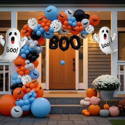 Halloween Balloon Garland Arch Kit - 114Pcs Black Blue Orange Balloons with Ghost Bat Boo Foil Balloons for A Little Boo Is Almost Due Baby Shower, Spooky Theme Indoor Outdoor Party Decorations