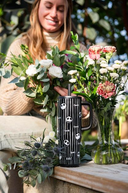 Zak Designs Disney Tim Burton's The Nightmare Before Christmas Sutton Travel Tumbler for On the Go, 30oz Stainless Steel with Vacuum Insulation and Silicone Straw for Cold Drinks (Jack Skellington)
