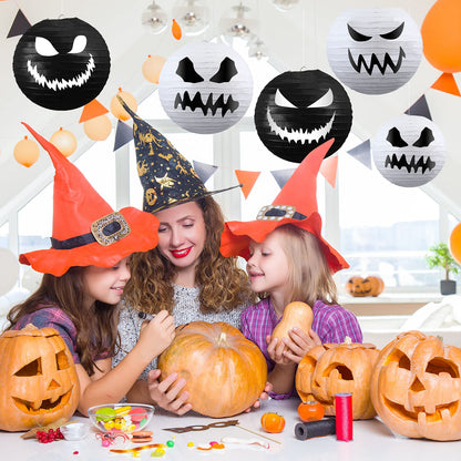 6 Pieces Halloween Paper Lanterns Party Decorations Halloween Hanging Lanterns Decorative for Home Outdoor Yard Party Supplies Favors 11.8 x 11 inch, White, Black (Normal Style)