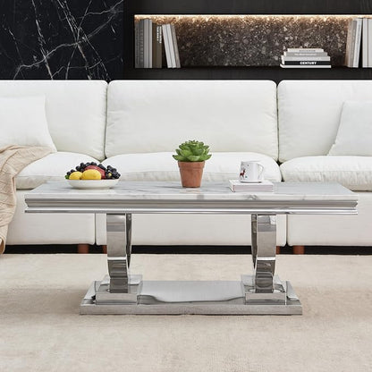 1 Piece Living Room Coffee Table Luxury Faux Marble Center Table, Modern White Silver Coffee Table with Double O Shape Stainless Steel Pedestal Base, 1 Table Only