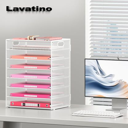 Lavatino 8-Tier Letter Tray Desk Paper Organizer, Mesh File Tray Organizer for Desk, Office Supplies & Home Organization, Fits A4 Paper, Mail, Magazines and Office Accessories (White with Handle)