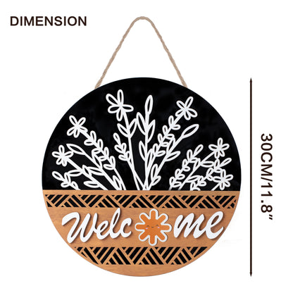 Interchangeable 3D Welcome Sign for Front Door, Rustic Round Wood Wreaths Wall Hanging Decor, House Warming Gifts New Home Decorations, for Spring Summer Fall Winter All Seasons Porch Christmas