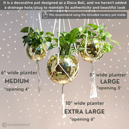 SCANDINORDICA Disco Ball Planter – Disco Ball Plant Hanger, Mirror Disco Planter with Chain, Macrame Hanger, Acrylic Stand and Insert Pot, Hanging Planter | Disco Ball Decor – 20 cm (8“) Gold
