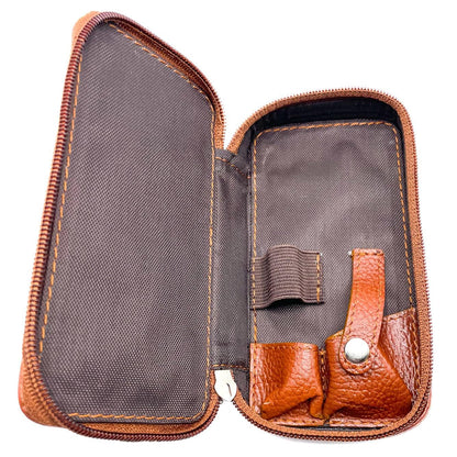 Parker Saddle‑Brown Leather Double Edge Safety Razor Case with Blade Compartment – Zip Travel Pouch