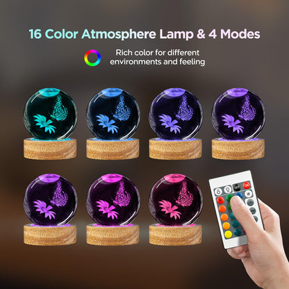 DCORIUNTG 3D Butterfly Flower Crystal Ball Night Light Butterfly Gifts for Women, 60mm Figurines Glass Ball Lamp with Remote Home Decor Birthday Xmas Gifts for Lover Kids Teens