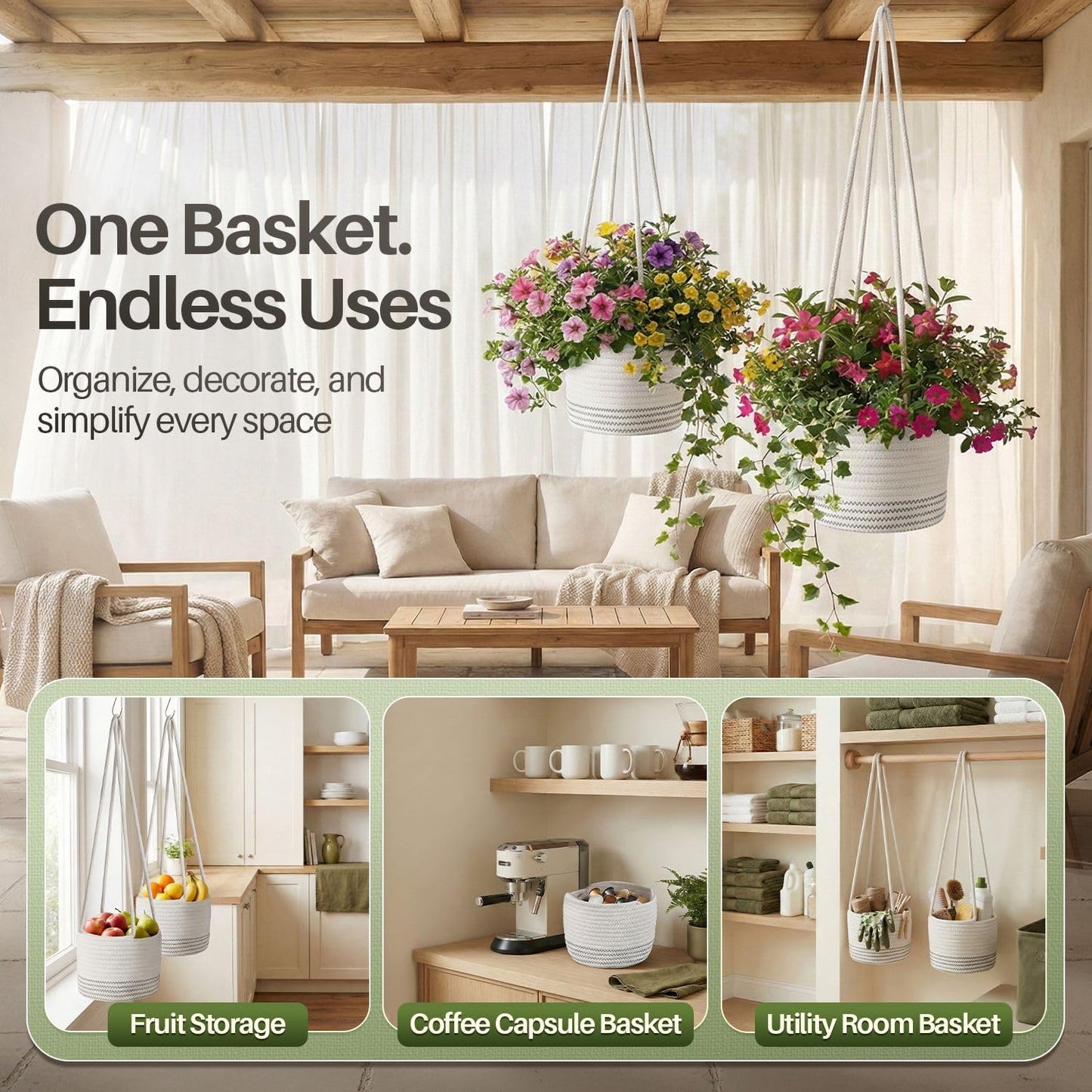 Flexzion Macrame Plant Hanger Basket for Indoor Plants - 8 Inch Jute Rope Planter Pot Cover, Woven Hanging Plant Holder Up to 7 Inch Pots, Boho Hanging Planters Home Decor Storage Organizer (White)