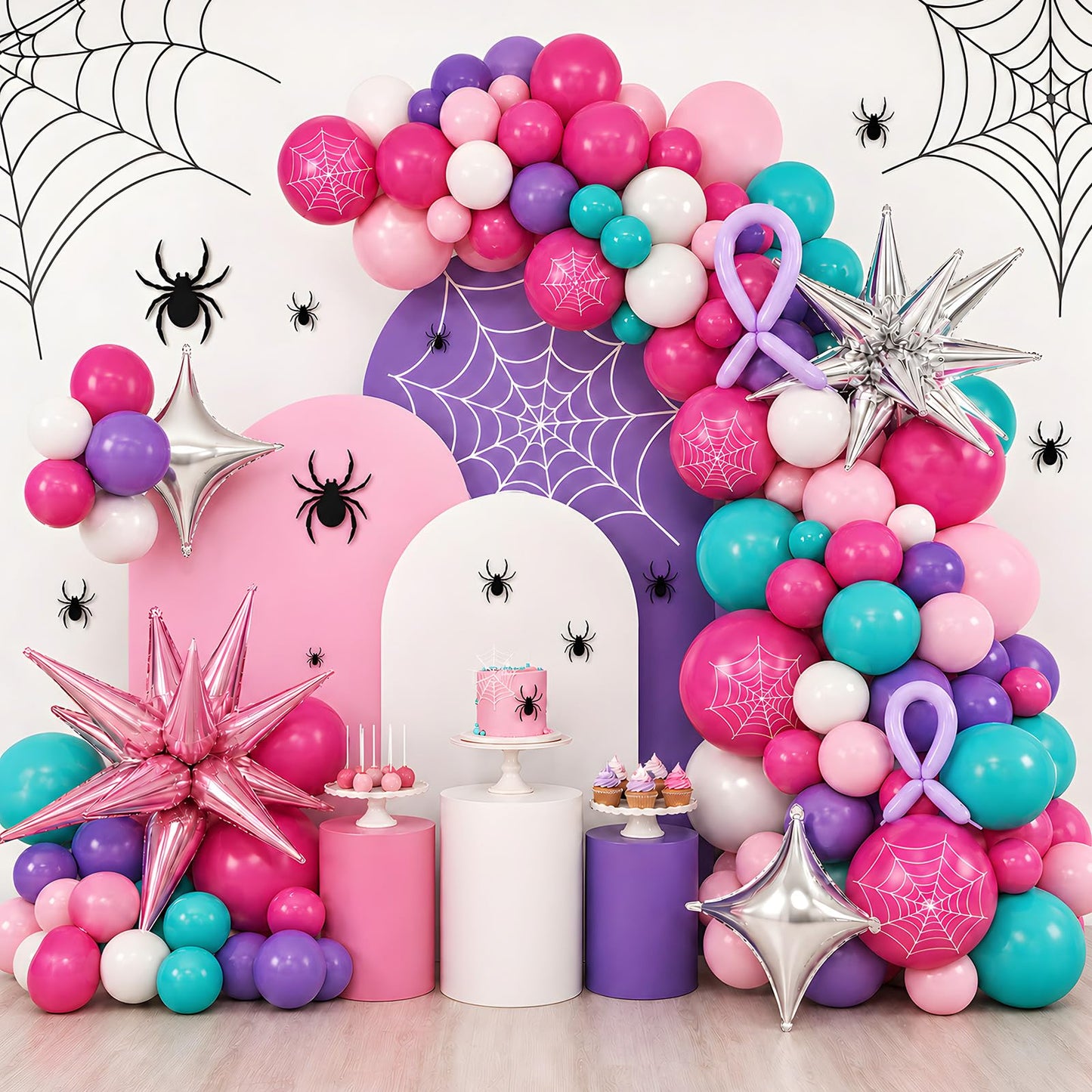 162PCS Spider Theme Balloon Arch Kit Pink Purple Teal Spider Web Balloons with Star Foil Balloons for Web Hero Girl Birthday Decorations
