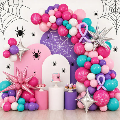 162PCS Spider Theme Balloon Arch Kit Pink Purple Teal Spider Web Balloons with Star Foil Balloons for Web Hero Girl Birthday Decorations