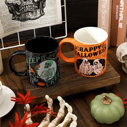 JarThenaAMCS 4Pcs Halloween Mugs Pumpkin Black Cat Ghost Skeleton Coffee Mug Orange Black Ceramic Drinking Cup for Halloween Party Table Centerpieces, 12oz