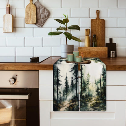 XNXLDYLH Dark Green Forest Camping Kitchen Towels and Dishcloths Sets of 2, Black Forest Mountain Bathroom Room Decor, Rustic Cabin Decor Dish Hand Tea Towels for Bathroom Kitchen, 16x24 Inch