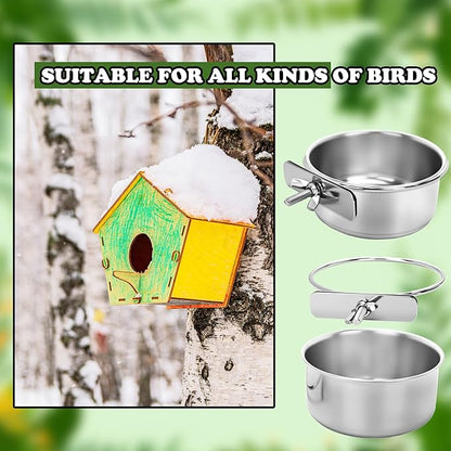 10 Pcs Bird Food Bowls Stainless Steel Parrot Cage Water Bowl Cups with Clamp Holder Parrot Feeding Dish Coop Cups Parakeet Cockatiel Conure Lovebird Budgies Chinchilla Small Pet Animal