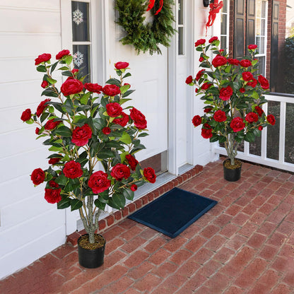 2 Pack Artificial Camellia Tree 42" Faux Floral Trees with 36 Red Blooming Flowers Tall Camellia Plant in Cement Pot with Dried Moss for Porch Front Door Office Shop Home Room