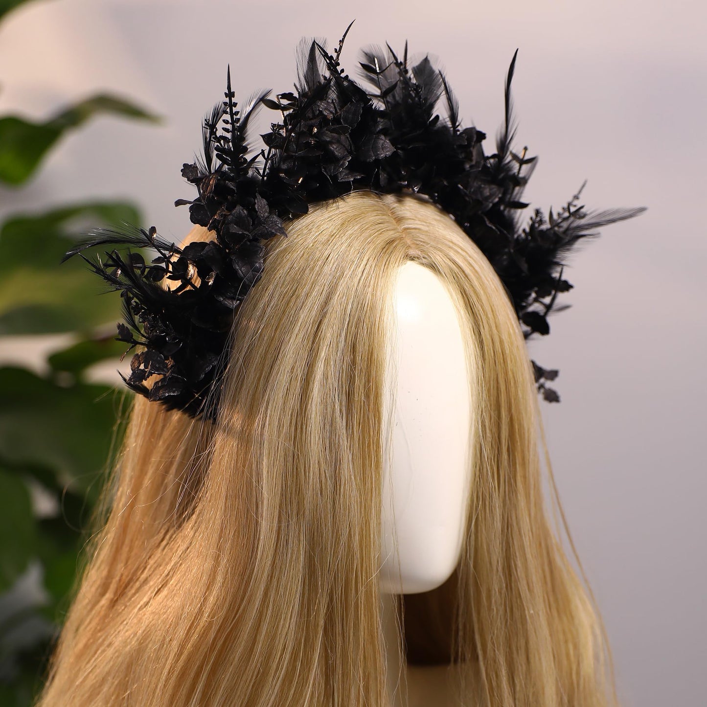 MOSTORY Black Flower Halo Crown - Handmade Gothic Floral Headband with Feather for Women Witch Goth Wedding, Dark Halo Headband for Renaissance Cosplay Photo Shoot