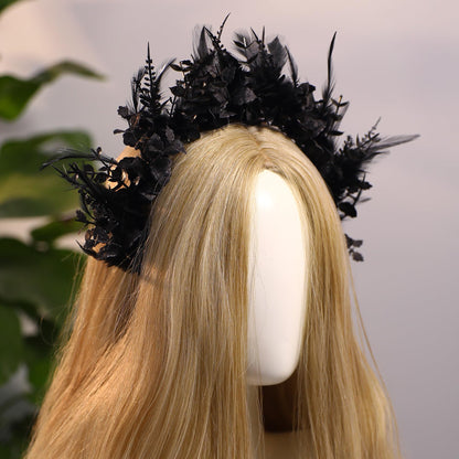 MOSTORY Black Flower Halo Crown - Handmade Gothic Floral Headband with Feather for Women Witch Goth Wedding, Dark Halo Headband for Renaissance Cosplay Photo Shoot