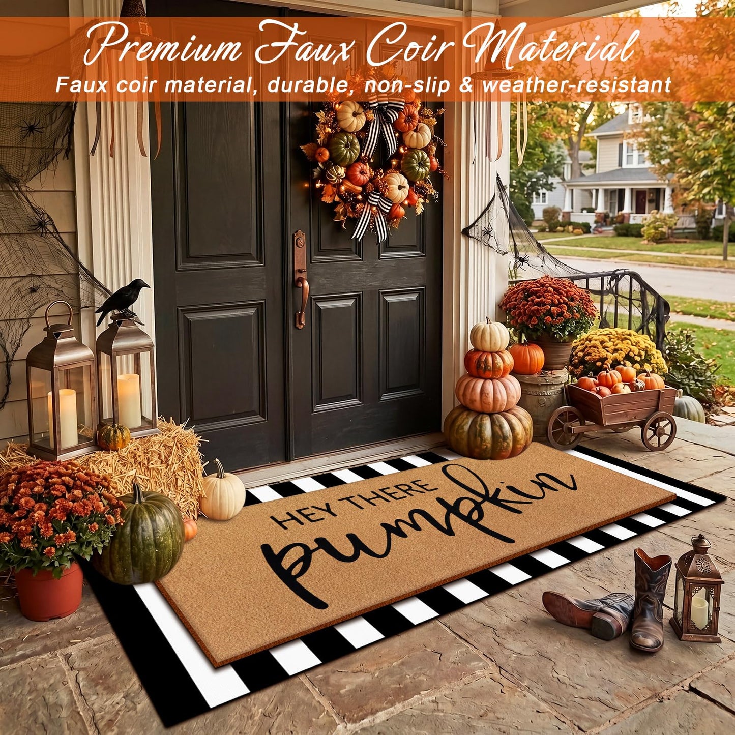Tinideya 2 Pcs Door Mat Welcome Non Slip Coir Mats Floor Layering Doormats Seasonal for Front Porch Entryway Decor(Pumpkin)