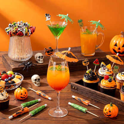 Remerry 160 Pcs Summer Halloween Cocktail Drink Accessories 60 Drink Umbrellas Straws Toothpicks 100 4.7 Inch Fruit Toothpicks Pumpkin Ghost Halloween Tropical Luau Hawaiian Beach Party Decorations