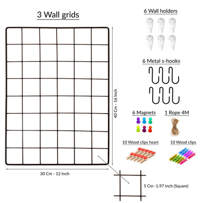 ODOXIA 3-Pack Wire Wall Grid Panel | Photo Grid Wall Decor | Metal Board for Hanging Pictures | Black Wire Organizer for Home, Office & Kitchen | Panel for Display & Storage
