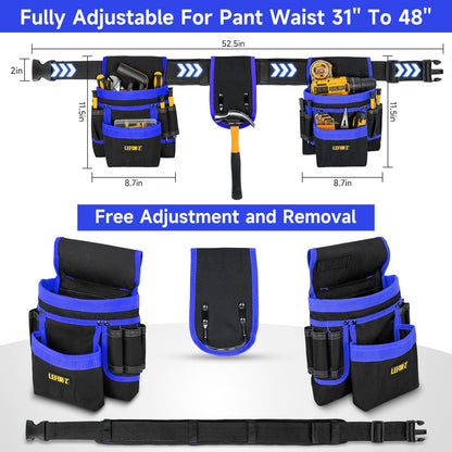 Tool Belt,Magnetic Tool Pouch,27-Pockets Heavy Duty Tool Belts for Men,Detachable Tool Pouch Bag for Electrician,Carpenter,Construction,Work Apron,Utility Belt,Valentines Day Gifts for Men,Black,Blue