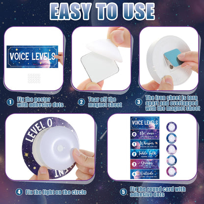 5 Pcs School Push Light and Voice Level Poster Voice Level Chart Monitor Rules Sign Galaxy LED Tap Light Classroom Rules Poster Solar System Classroom Management Tools for Teachers（Space Style）