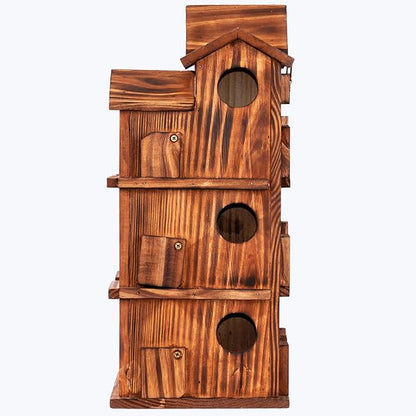 MIXUMON Wooden Bird Houses for Outside – 15 Rooms Multi-Chamber Bird House, Carbonized Pine Rustic Finish, 1.57" Entrance Holes, Individual Cleaning Doors, Decorative Outdoor Bird Nesting Box