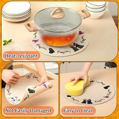 Remerry 6pcs Halloween Round Placemats Embroidered Pablemats Seasonal Autumn Holiday Table Mats Heat-Resistant for Halloween Party Home Kitchen Dining Restaurant Decoration Gift