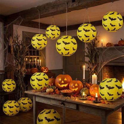 Glooglitter 12 Pcs Bat Paper Lanterns Hanging Decorations Yellow & Black Bat Theme Party Supplies for Birthday Baby Shower Halloween Party Ceiling Decor, 8 Inch