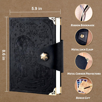 CAGIE Gothic Castle Leather Journal with Pen, Magic Theme Textured Lined Notebook, 100GSM Hardcover Writing Diary Gift Set for Men Women Teens, Black