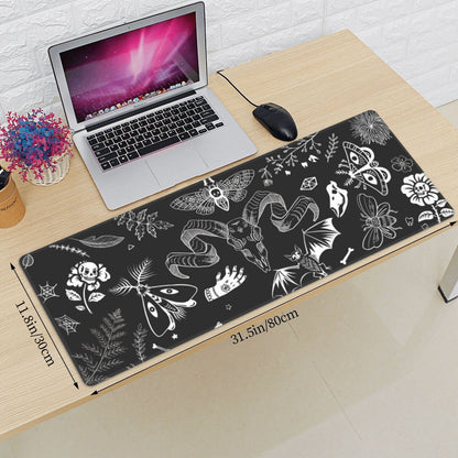 Witch Skeleton Goat Gaming Mouse Pad XL Black and White Large Extended Non Slip Rubber Base Desk Mat Stitched Edge Keyboard Mat 31.5x11.8 Inch