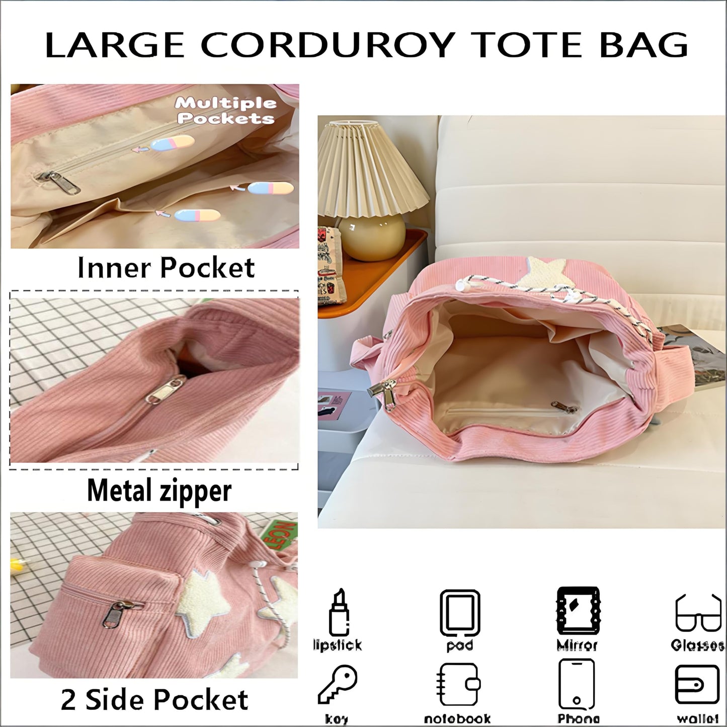 AFGWK Corduroy Star Tote Bag for Women Teens Y2K Aesthetic Hobo Crossbody Shoulder Messenger Bag for School(Pink)