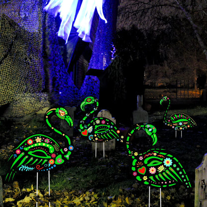 Amyhill 4 Pcs Halloween Glow in The Dark Skeleton Flamingo Yard Ornament with Stake Flamingo Outdoor Lawn Decor Scary Plastic Skeleton Yard Sign for Party