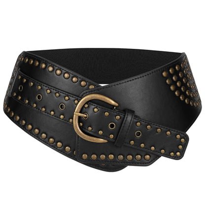 JASGOOD Women Vintage Wide Elastic Belt Rivets Studded Stretchy Waist Belt with Metal Buckle