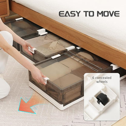 Under Bed Storage Containers with Wheels - Stackable, Foldable Plastic Storage Boxes with Lids for Clothes, Shoes, Blankets - Perfect for Bedroom Organization and Dorms