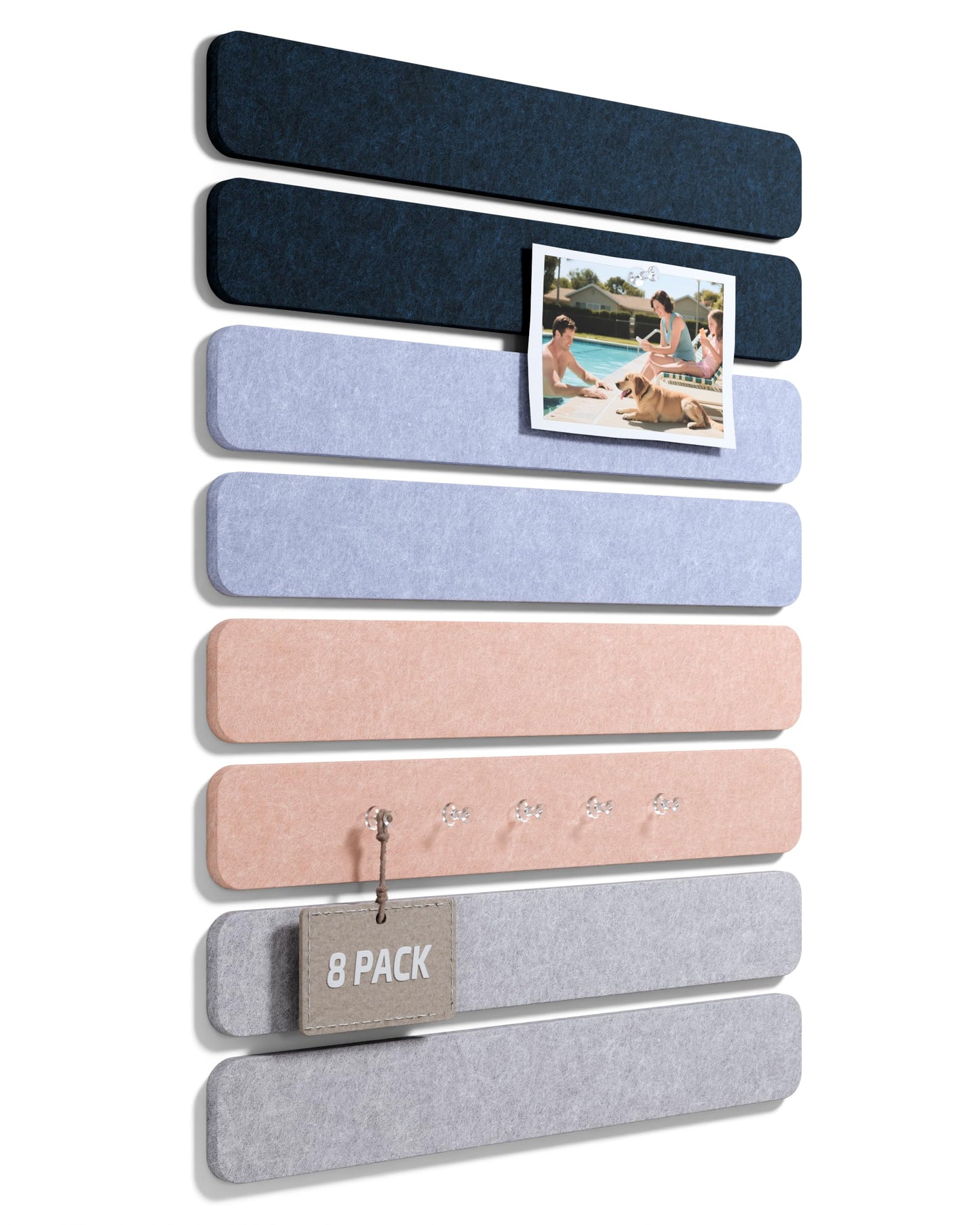 Fluxynara Cork Board Alternative Felt Strip Board 8-Pack 13"x2", Office Pin Board with 50 Push Pins, Adhesive Install for Bedroom Door & Home Office (Nordic Moonlight)