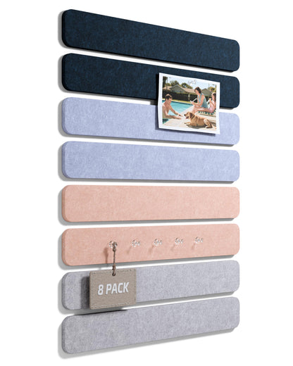 Fluxynara Cork Board Alternative Felt Strip Board 8-Pack 13"x2", Office Pin Board with 50 Push Pins, Adhesive Install for Bedroom Door & Home Office (Nordic Moonlight)