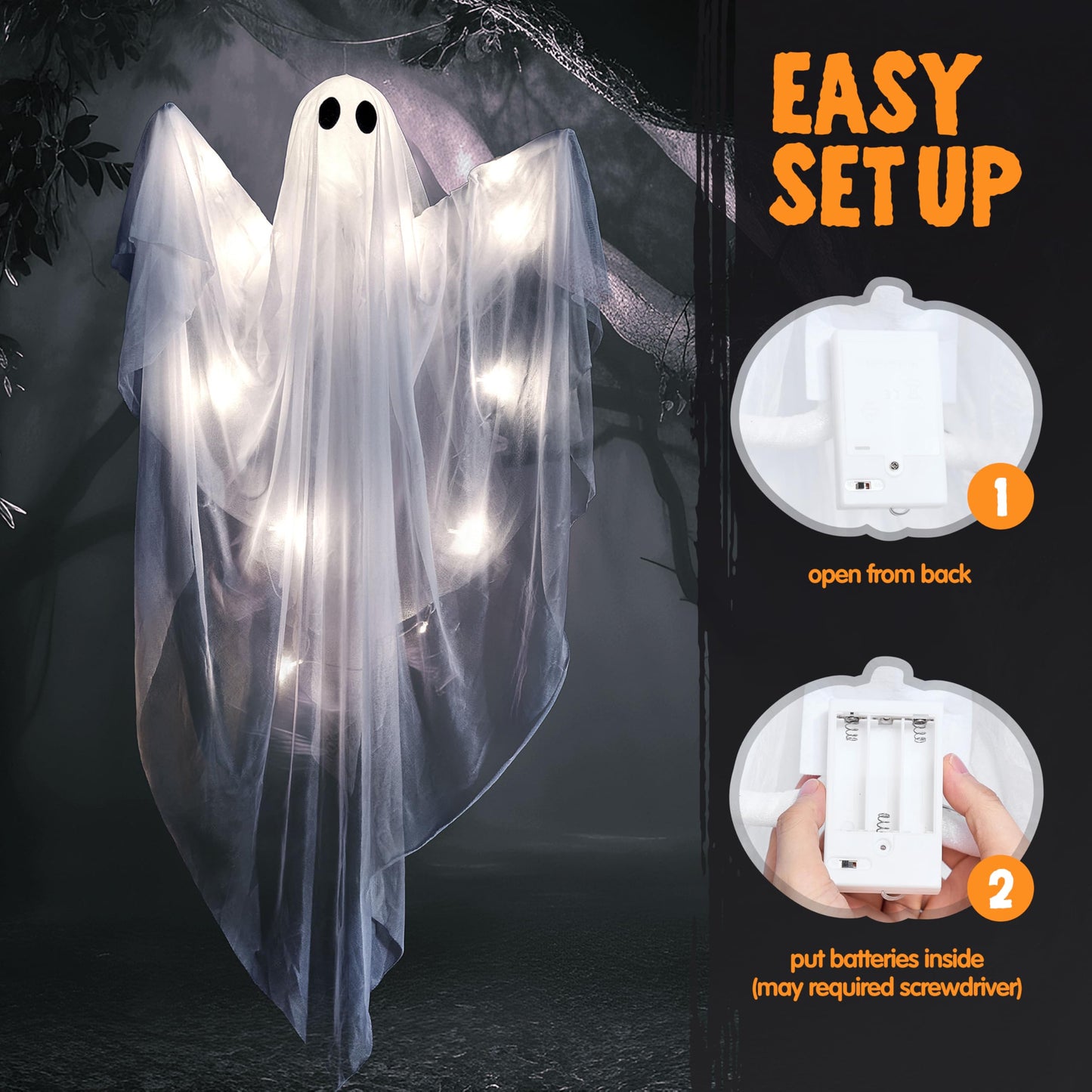 JOYIN Halloween Hanging Light up Ghost, 47" White Ghosts with Cold White LED Light and Timer Halloween Hanging Decoration Waterproof for Front Yard Patio LawnGarden Party Decor Indoor Outdoor