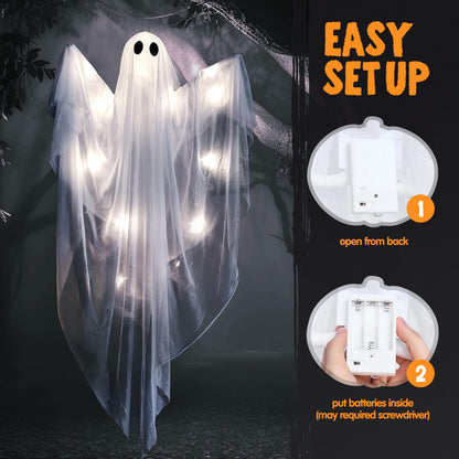 JOYIN Halloween Hanging Light up Ghost, 47" White Ghosts with Cold White LED Light and Timer Halloween Hanging Decoration Waterproof for Front Yard Patio LawnGarden Party Decor Indoor Outdoor