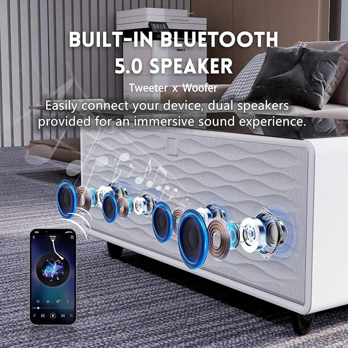 Smart Coffee Table with Fridge and Bluetooth, Smart Living Room Table with Frozen Drawers, Dual Speakers, 15W Wireless Charger, Touch Control, USB Ports, Atmosphere Light, LT90 Ultra-White