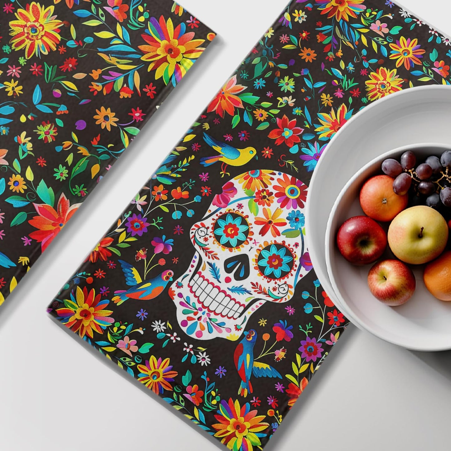 Cneztholim Day of The Dead Hand Towels Mexican Skull Kitchen Dish Towel Halloween Skeleton Floral Bathroom Towels Soft Absorbent Towel Set with Birds for Home Decor