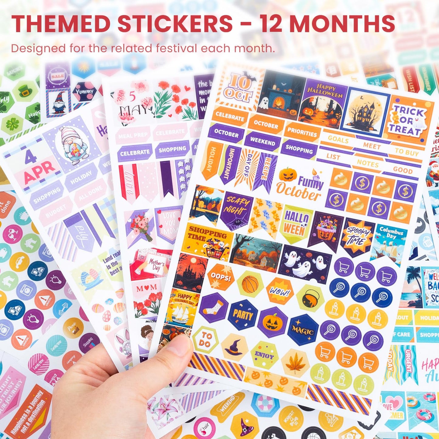 Ospelelf Planner Stickers, 18 Sheets Monthly Calendar Sticker Pack, Inspirational Motivational Quotes Festivals Label Sticker, for Decorating Organizers Scrapbooks Laptops Cups
