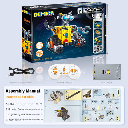 Demkia Robot Building Kit for Kids and Adults, 4-in-1 Rechargeable RC Robotics Kit with Remote & App Control, STEM Coding Toys & Science Projects, Birthday Gifts for Boys Ages 8-12+ (588 Pcs)
