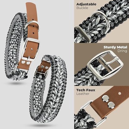 Tirevt Hand-Woven Dog Collar and Leash Set:Color-Block Design, Premium Reinforced Buckle, Adjustable Artisan Paracord for Puppies, Small, Medium & Large Dogs (Black, L)