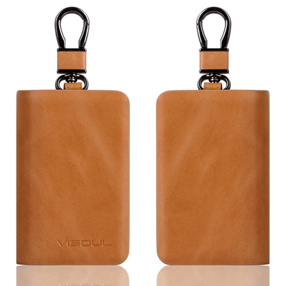 VISOUL Car Key Case Holder Double Zipper, Leather Car Smart Key Fob Case with Keychain for Men and Women-Tan