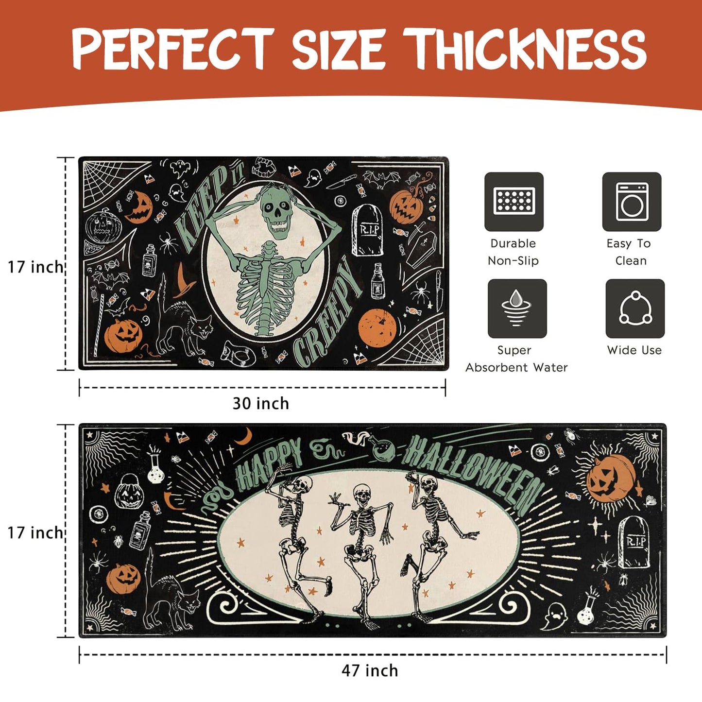 Faptoena Halloween Kitchen Mat Set of 2,Happy Halloween Skeleton Creepy Mats and Rugs Non Skid Washable for Kitchen Home Decor,Halloween Decorations and Accessories (17"x47"+17"x30")