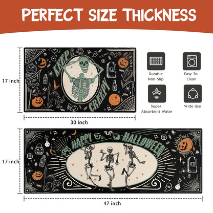 Faptoena Halloween Kitchen Mat Set of 2,Happy Halloween Skeleton Creepy Mats and Rugs Non Skid Washable for Kitchen Home Decor,Halloween Decorations and Accessories (17"x47"+17"x30")