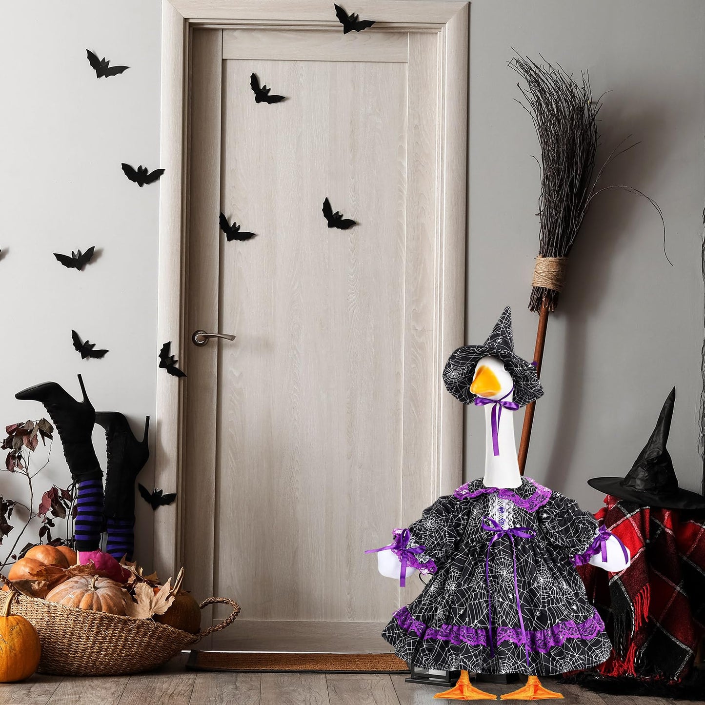 SilTriangle Halloween Witch Goose Outfit Set for 23'' Plastic Lawn Porch Goose Statue Clothes Witch Fancy Dress with Pumpkin Basket Halloween Costume for Outdoor Patio Yard Lawn Art Decor
