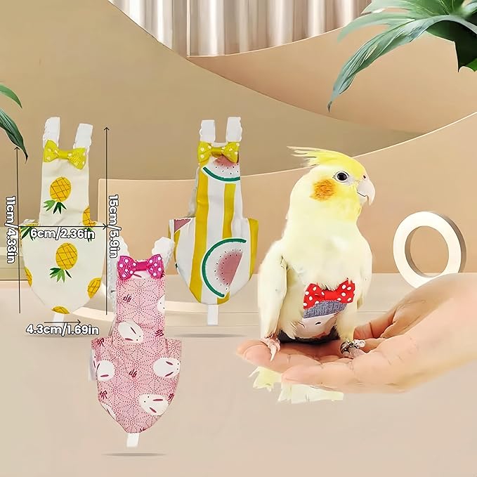 2Pcs Bird Diapers Bird Harness Flight Suits Diapers with 80 Inch Flying Leash Parrot Nappy Washable Cute Urine Wet Suit for Cockatiel Conure Macaw Budgies Parakeet-Pineapple&Kitten,M